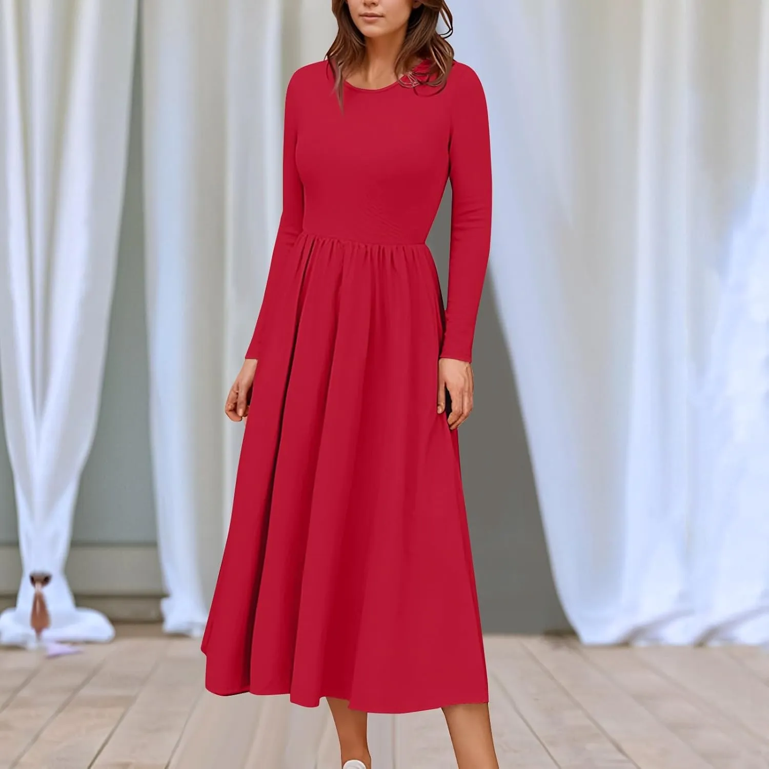 Modest Long Sleeve Dress for Women Elegant Crewneck Maxi Wrap Dress A Line Pleated Wedding Guest Dress with Pockets