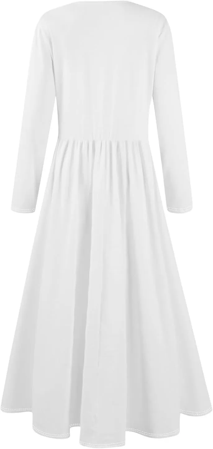 Modest Long Sleeve Dress for Women Elegant Crewneck Maxi Wrap Dress A Line Pleated Wedding Guest Dress with Pockets