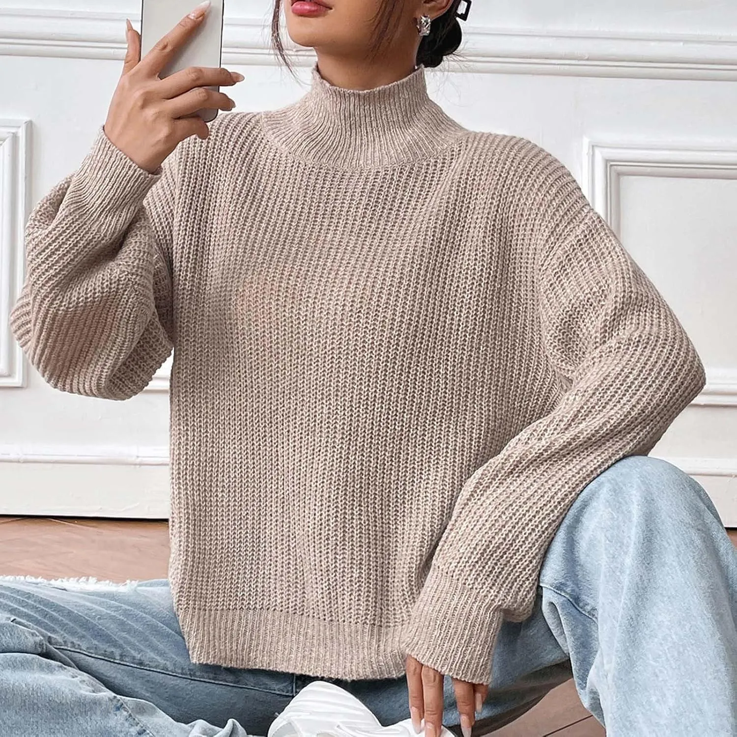 Oplxuo Turtleneck Sweaters for Women Casual Oversized Knitted Pullovers Fall Winter Long Sleeve Soft Loose Knitwear