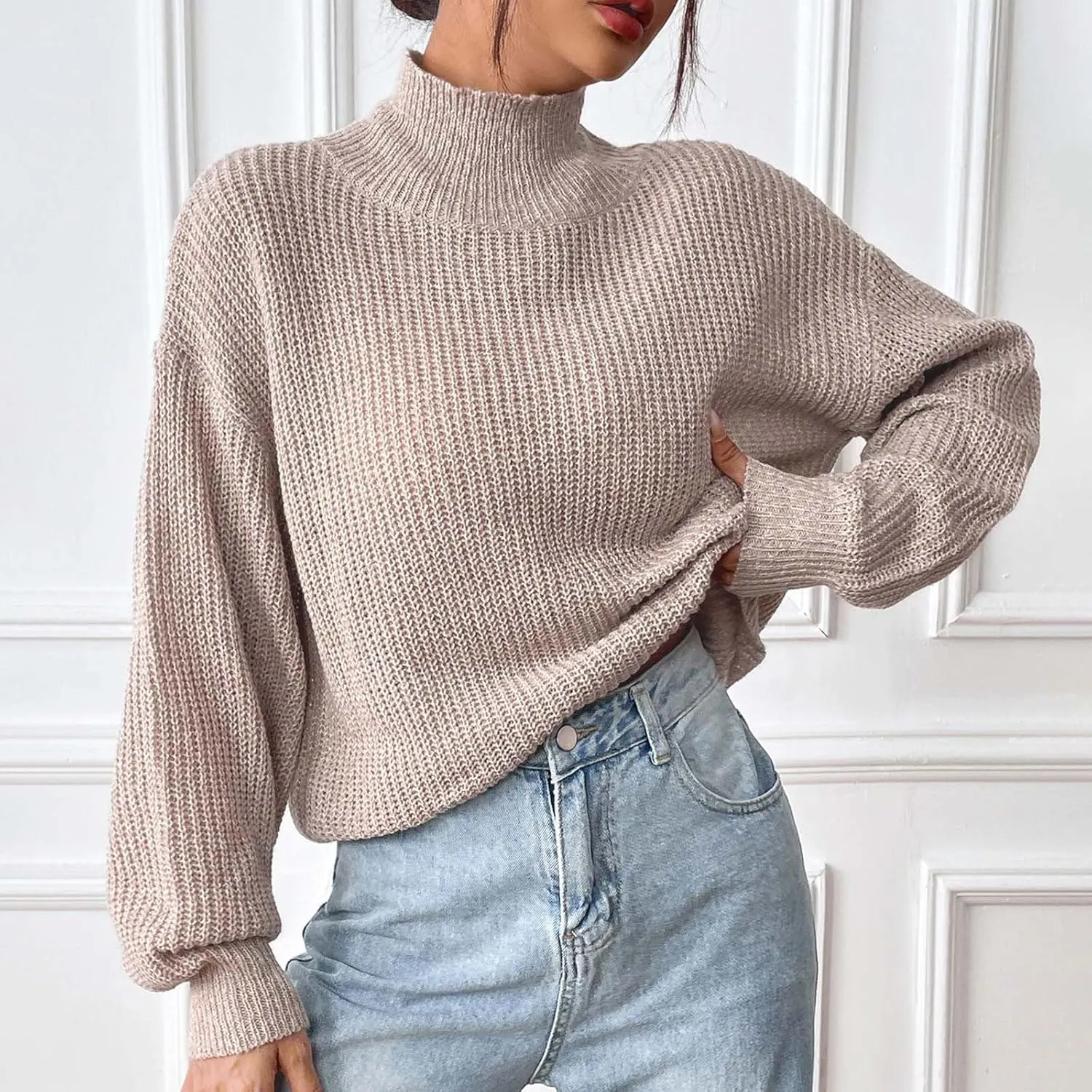Oplxuo Turtleneck Sweaters for Women Casual Oversized Knitted Pullovers Fall Winter Long Sleeve Soft Loose Knitwear