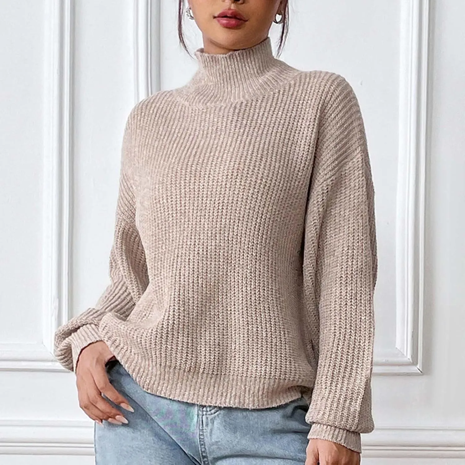 Oplxuo Turtleneck Sweaters for Women Casual Oversized Knitted Pullovers Fall Winter Long Sleeve Soft Loose Knitwear