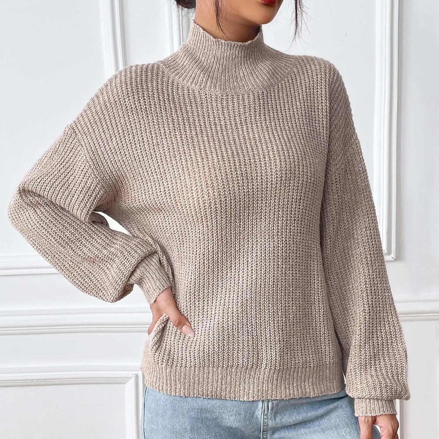 Oplxuo Turtleneck Sweaters for Women Casual Oversized Knitted Pullovers Fall Winter Long Sleeve Soft Loose Knitwear