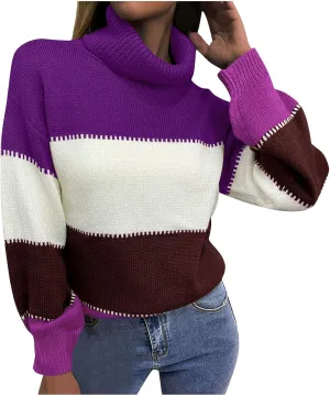 Oversized Sweaters for Women Fashion Turtleneck Color Block Thick Sweater Comfy Knitted Pullovers Tops Winter Clothes