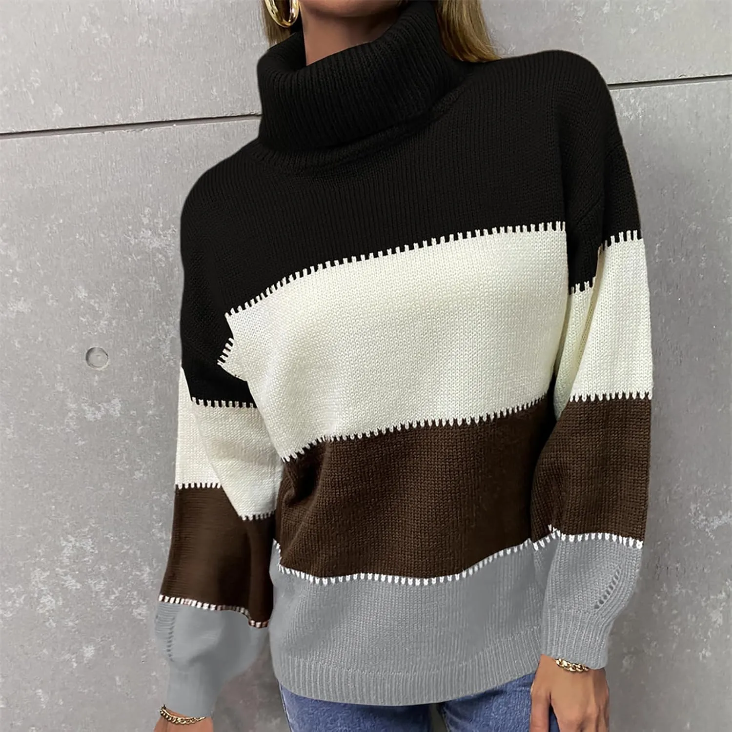 Oversized Sweaters for Women Fashion Turtleneck Color Block Thick Sweater Comfy Knitted Pullovers Tops Winter Clothes