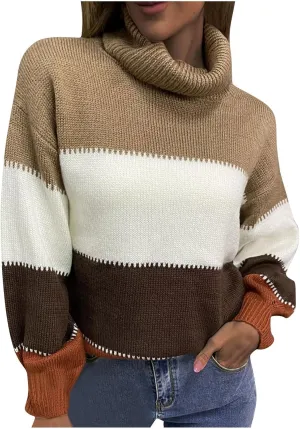 Oversized Sweaters for Women Fashion Turtleneck Color Block Thick Sweater Comfy Knitted Pullovers Tops Winter Clothes