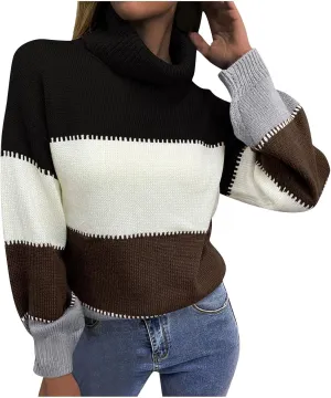 Oversized Sweaters for Women Fashion Turtleneck Color Block Thick Sweater Comfy Knitted Pullovers Tops Winter Clothes