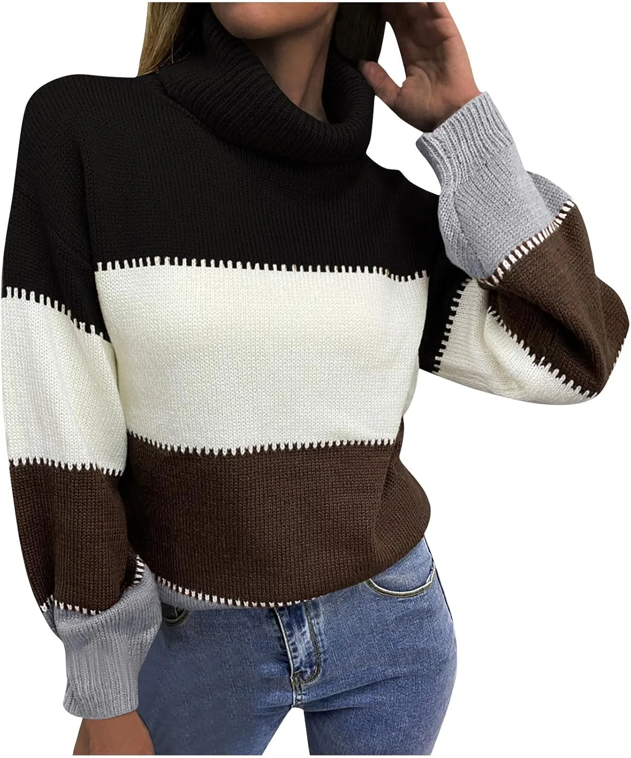 Oversized Sweaters for Women Fashion Turtleneck Color Block Thick Sweater Comfy Knitted Pullovers Tops Winter Clothes