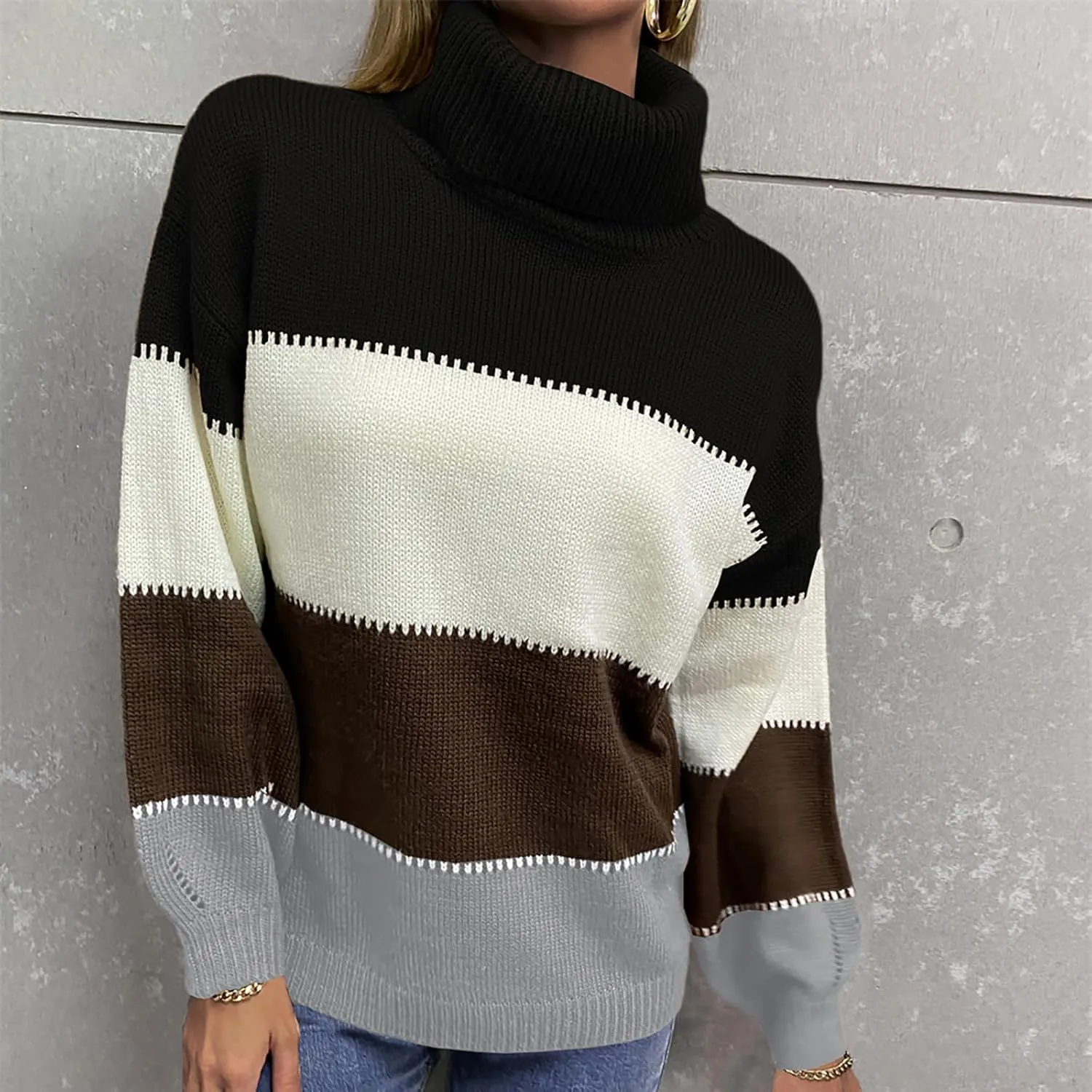 Oversized Sweaters for Women Fashion Turtleneck Color Block Thick Sweater Comfy Knitted Pullovers Tops Winter Clothes