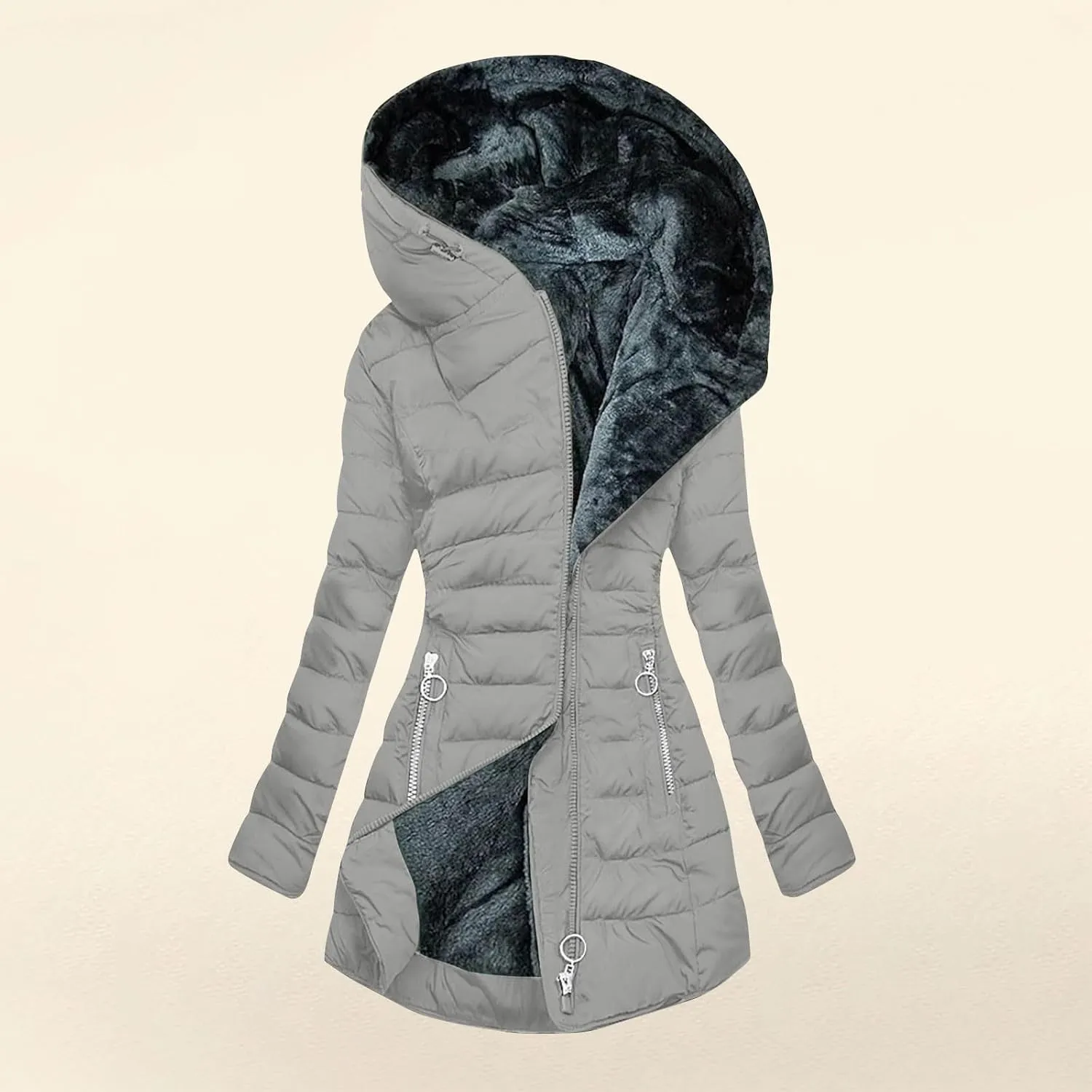 Parkas for Women Winter Zipper Pockets Hooded Down Jacket Fleece Lined Warm Thicken Long Outwear Daily Casual Coats