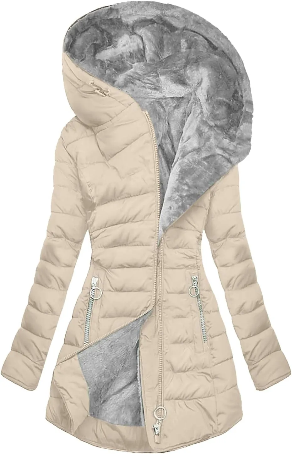 Parkas for Women Winter Zipper Pockets Hooded Down Jacket Fleece Lined Warm Thicken Long Outwear Daily Casual Coats