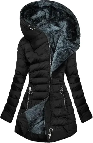 Parkas for Women Winter Zipper Pockets Hooded Down Jacket Fleece Lined Warm Thicken Long Outwear Daily Casual Coats