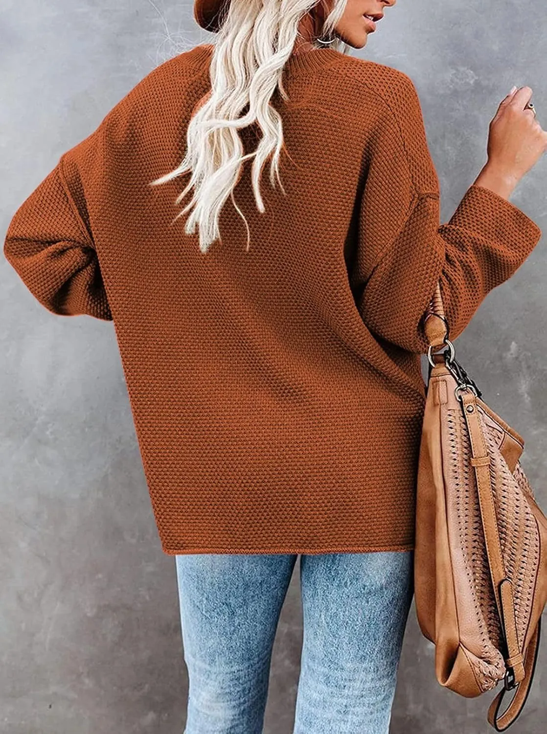 Pink Queen Women's V Neck Button Sweater Oversized Batwing Long Sleeve Henley Pullover Knit Jumper Top