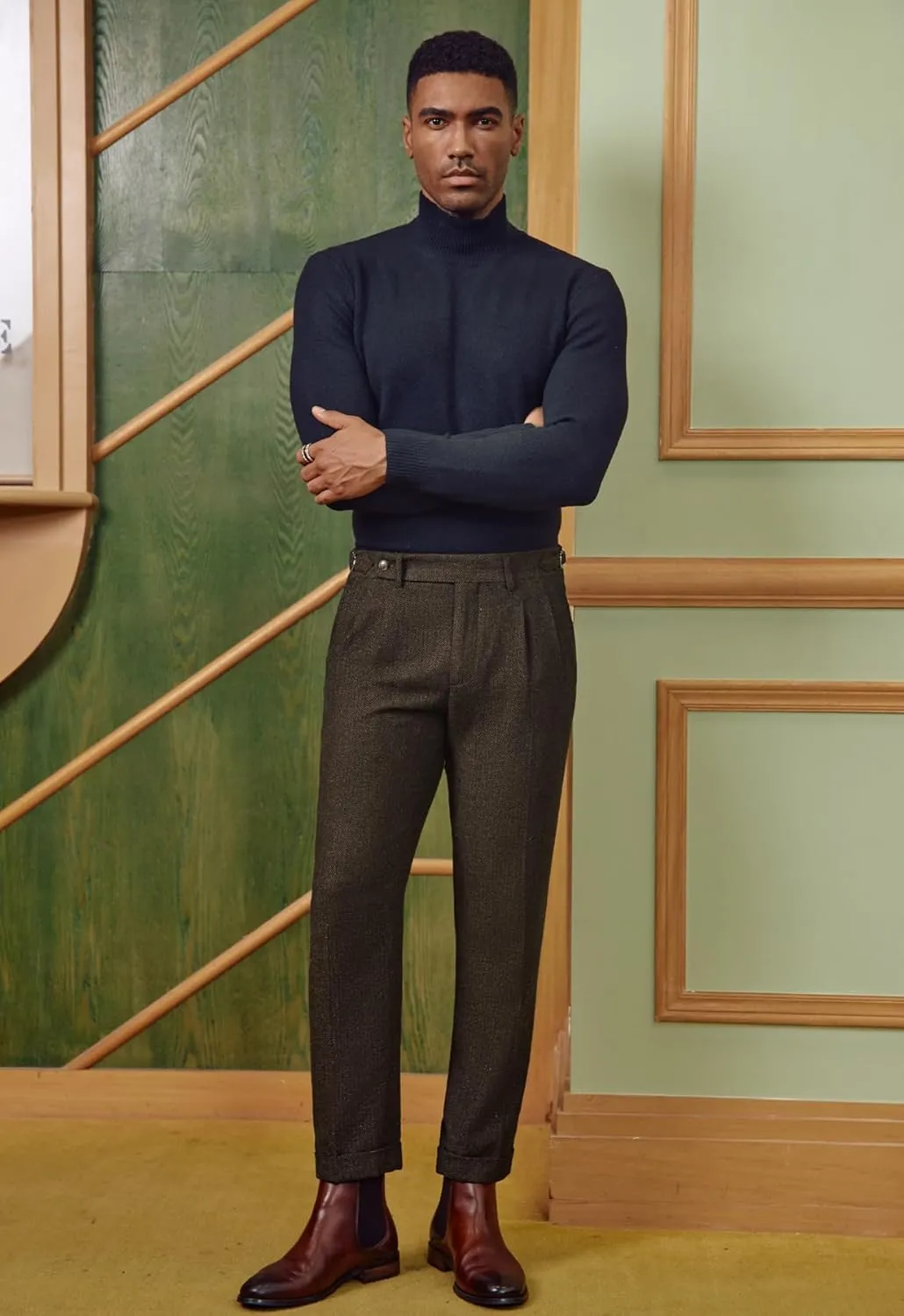 PJ PAUL JONES Men Vintage Tweed Pants Herringbone Pleated Suit Trousers