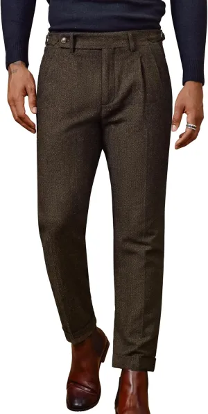 PJ PAUL JONES Men Vintage Tweed Pants Herringbone Pleated Suit Trousers