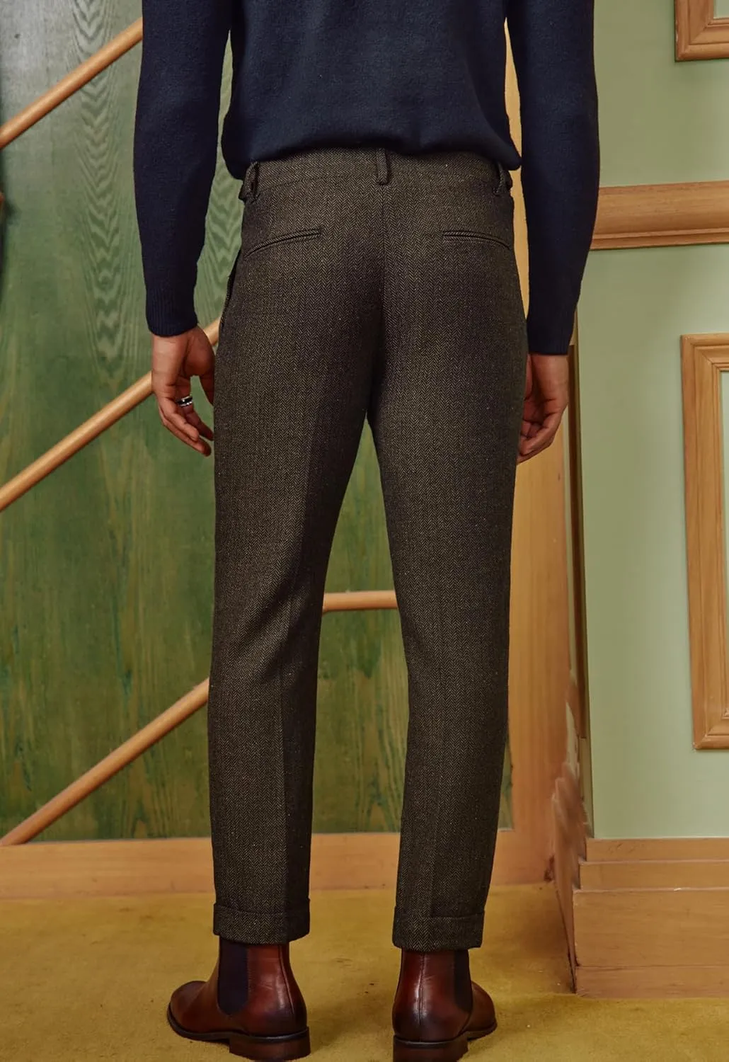 PJ PAUL JONES Men Vintage Tweed Pants Herringbone Pleated Suit Trousers