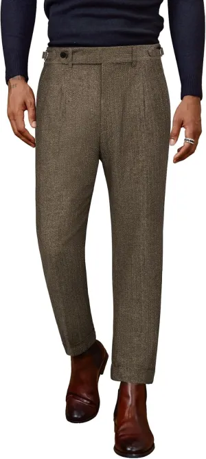 PJ PAUL JONES Men Vintage Tweed Pants Herringbone Pleated Suit Trousers