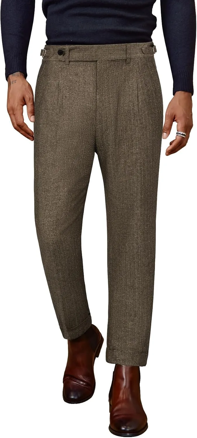 PJ PAUL JONES Men Vintage Tweed Pants Herringbone Pleated Suit Trousers