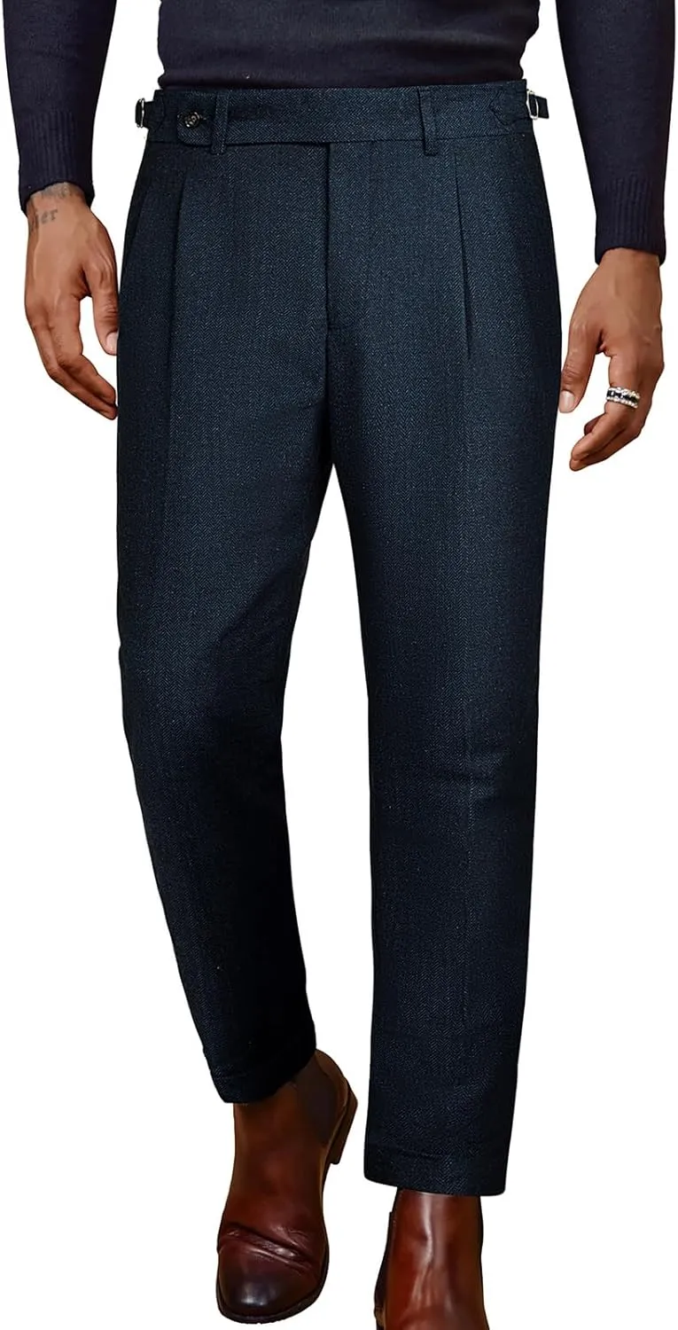 PJ PAUL JONES Men Vintage Tweed Pants Herringbone Pleated Suit Trousers