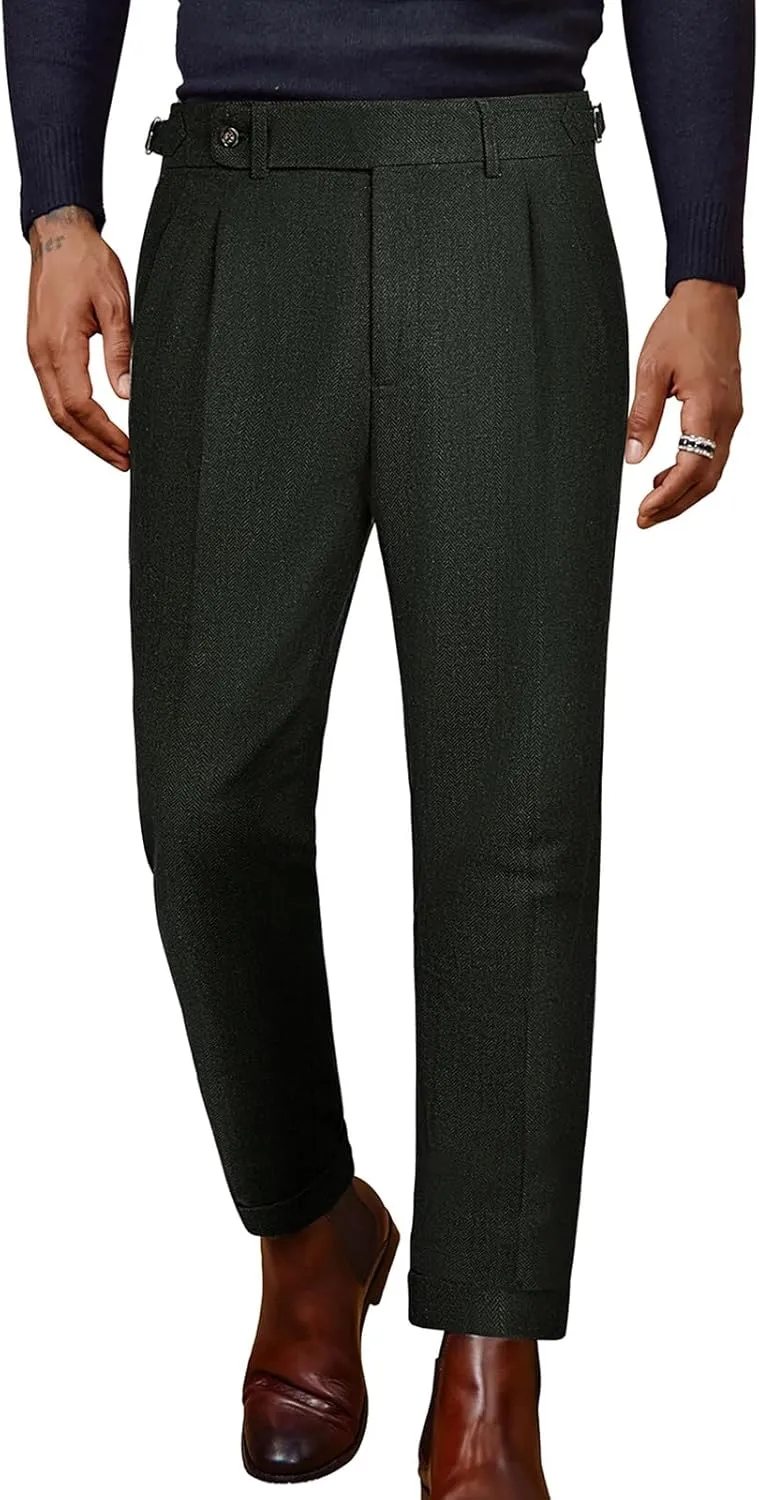 PJ PAUL JONES Men Vintage Tweed Pants Herringbone Pleated Suit Trousers