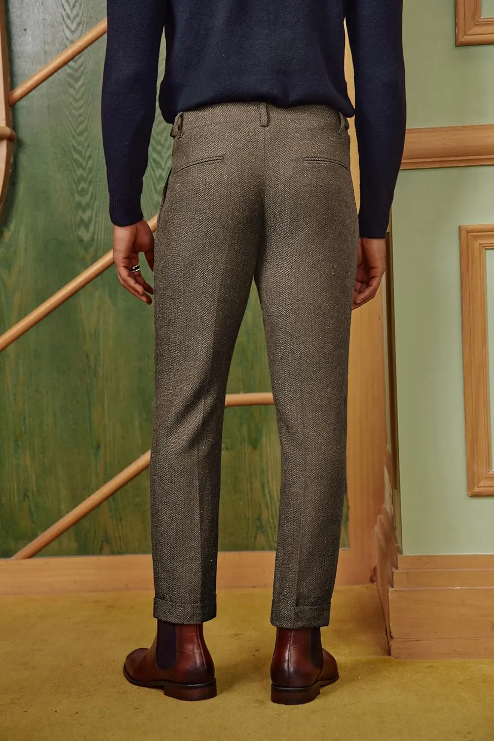 PJ PAUL JONES Men Vintage Tweed Pants Herringbone Pleated Suit Trousers