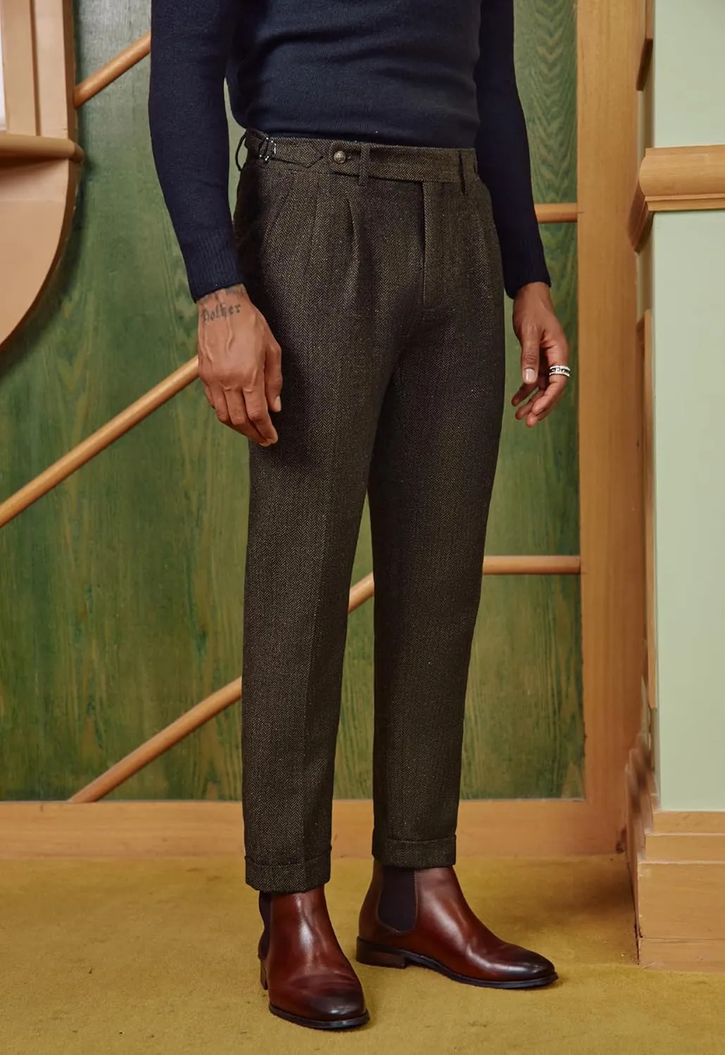 PJ PAUL JONES Men Vintage Tweed Pants Herringbone Pleated Suit Trousers