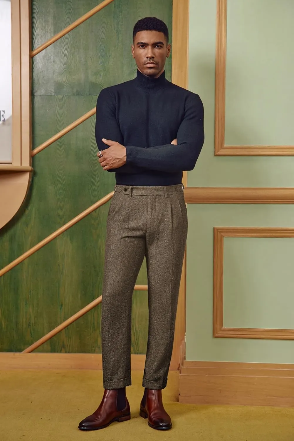 PJ PAUL JONES Men Vintage Tweed Pants Herringbone Pleated Suit Trousers