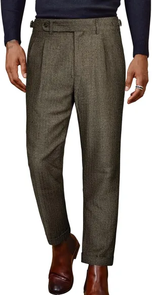 PJ PAUL JONES Men Vintage Tweed Pants Herringbone Pleated Suit Trousers