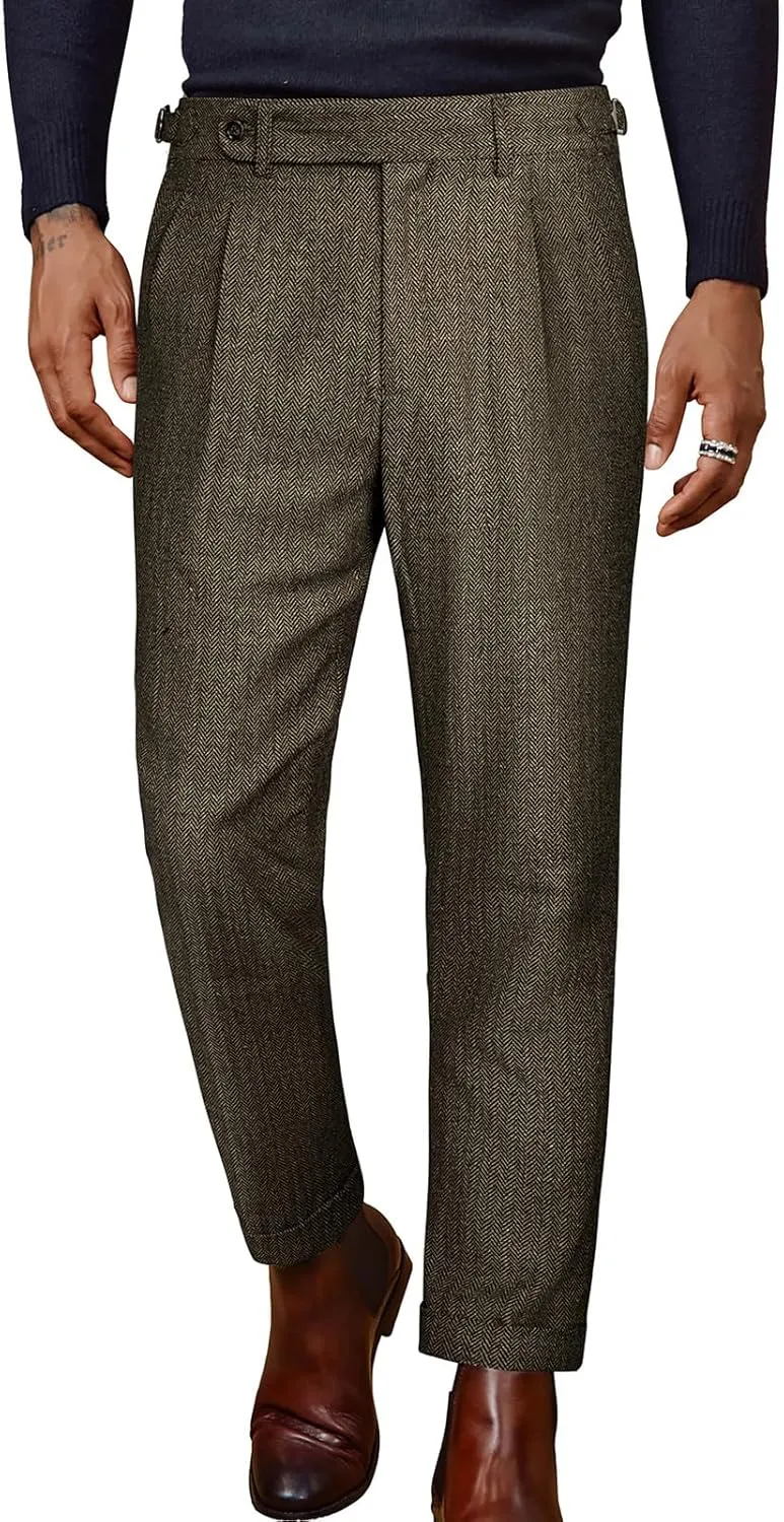 PJ PAUL JONES Men Vintage Tweed Pants Herringbone Pleated Suit Trousers