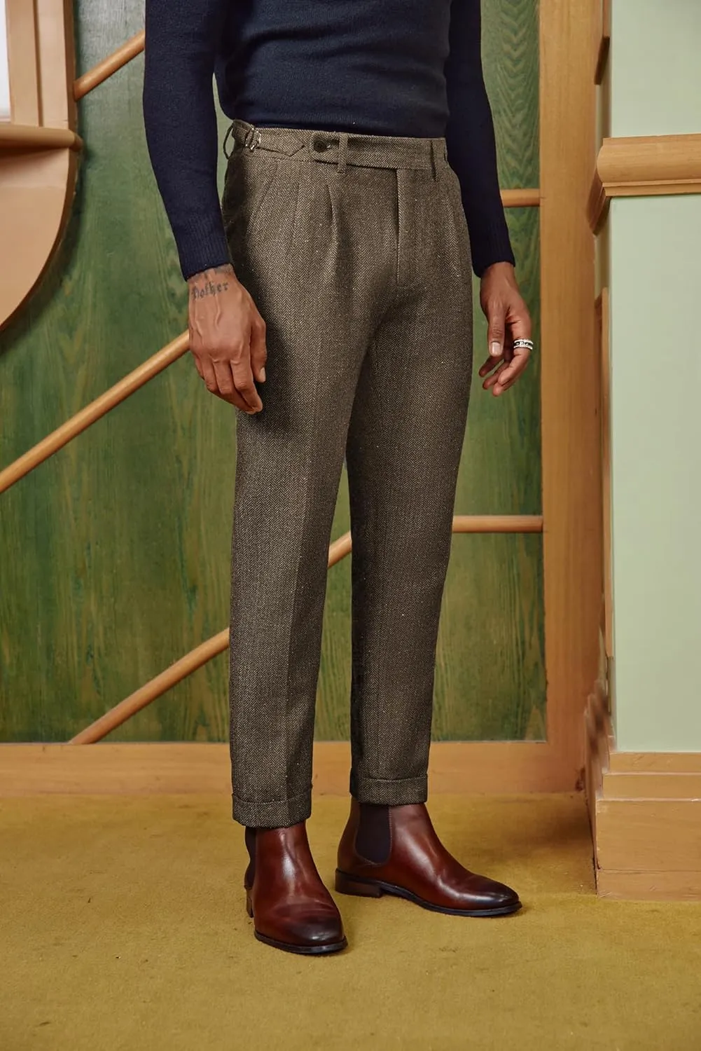 PJ PAUL JONES Men Vintage Tweed Pants Herringbone Pleated Suit Trousers