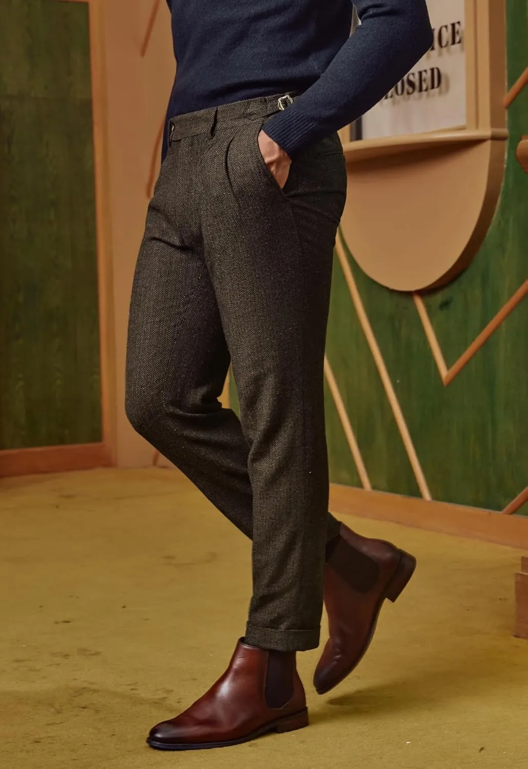 PJ PAUL JONES Men Vintage Tweed Pants Herringbone Pleated Suit Trousers