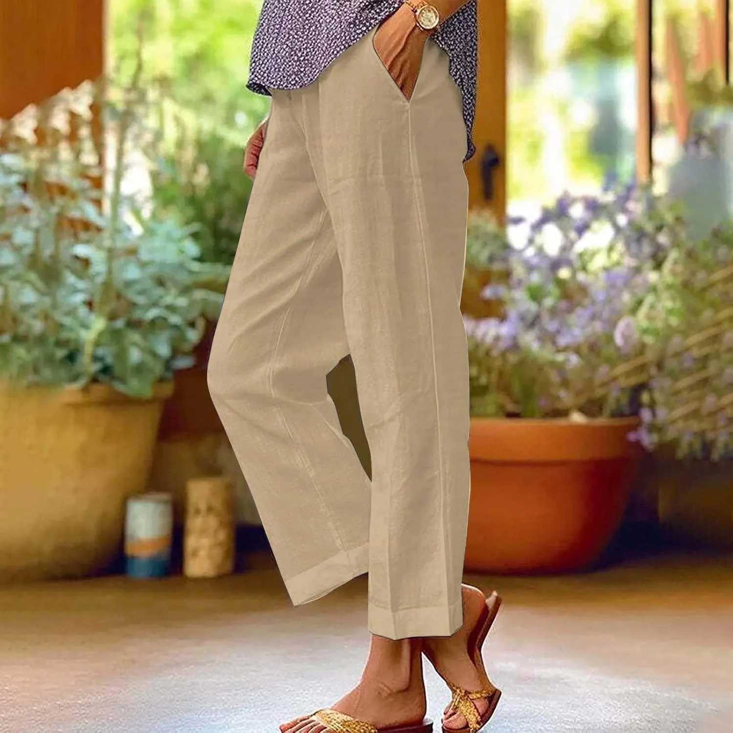 Plus Size Linen Pants Women's Casual Pants Elastic High Waisted Straight Leg Trousers Loose Summer Beach Bottoms