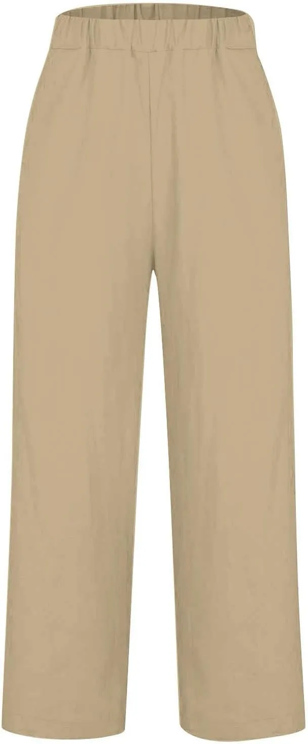 Plus Size Linen Pants Women's Casual Pants Elastic High Waisted Straight Leg Trousers Loose Summer Beach Bottoms