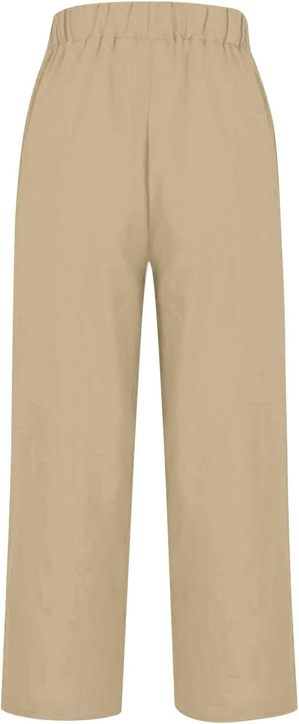 Plus Size Linen Pants Women's Casual Pants Elastic High Waisted Straight Leg Trousers Loose Summer Beach Bottoms
