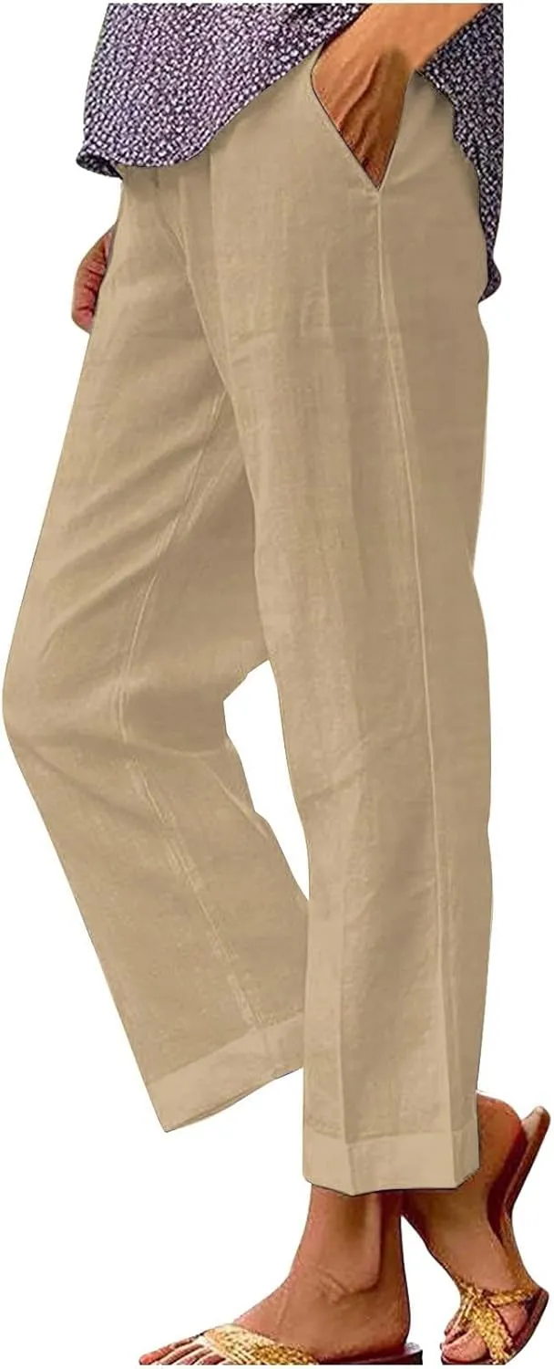 Plus Size Linen Pants Women's Casual Pants Elastic High Waisted Straight Leg Trousers Loose Summer Beach Bottoms
