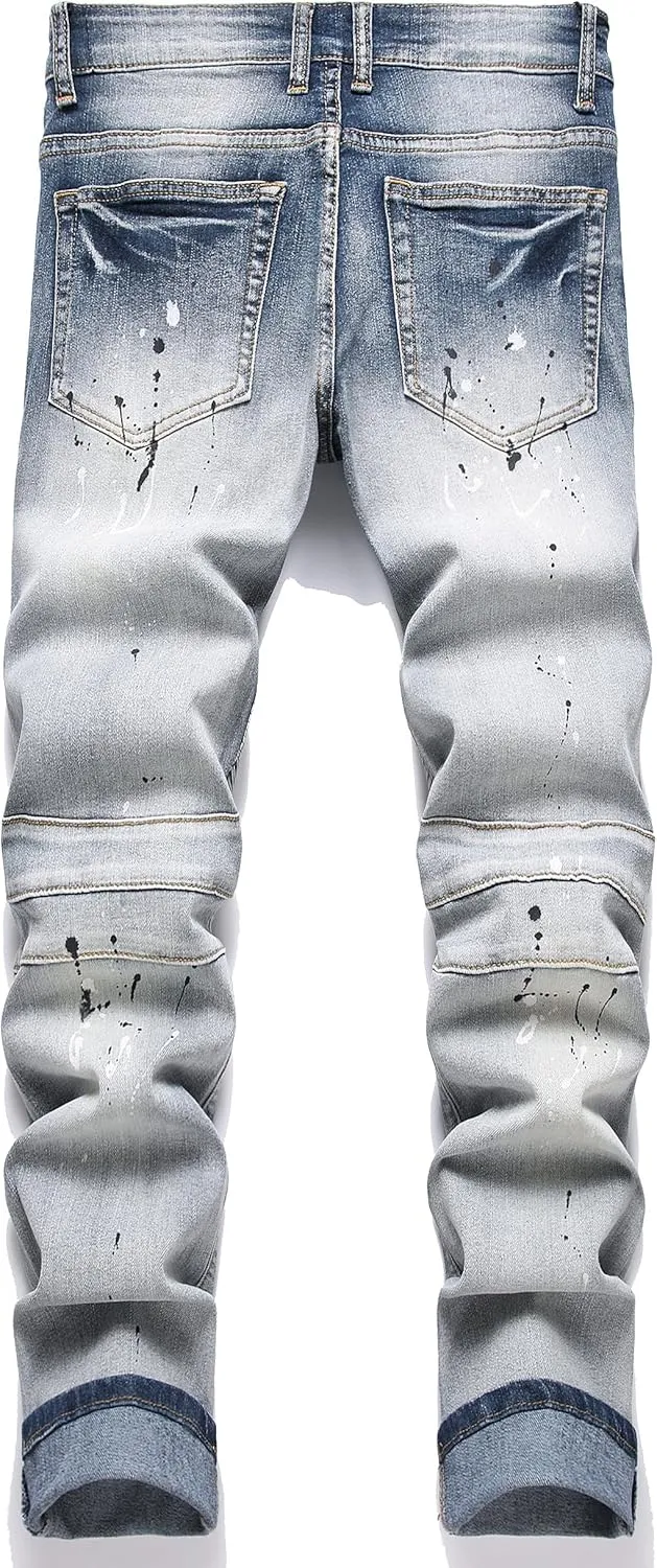 QIMYUM Men's Slim Fit Jeans Ripped Skinny Jeans for Men, Fashion Biker Jeans Stretch Moto Cargo Denim Pants