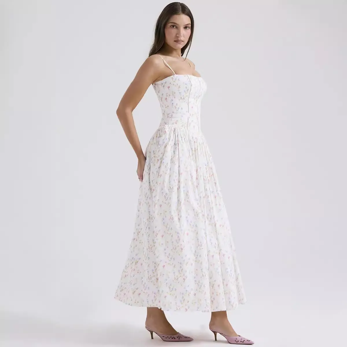 RanRui Women Summer Square Neck Midi Dress Corset Smocked Flowy A Line Beach Wedding Guest Dresses
