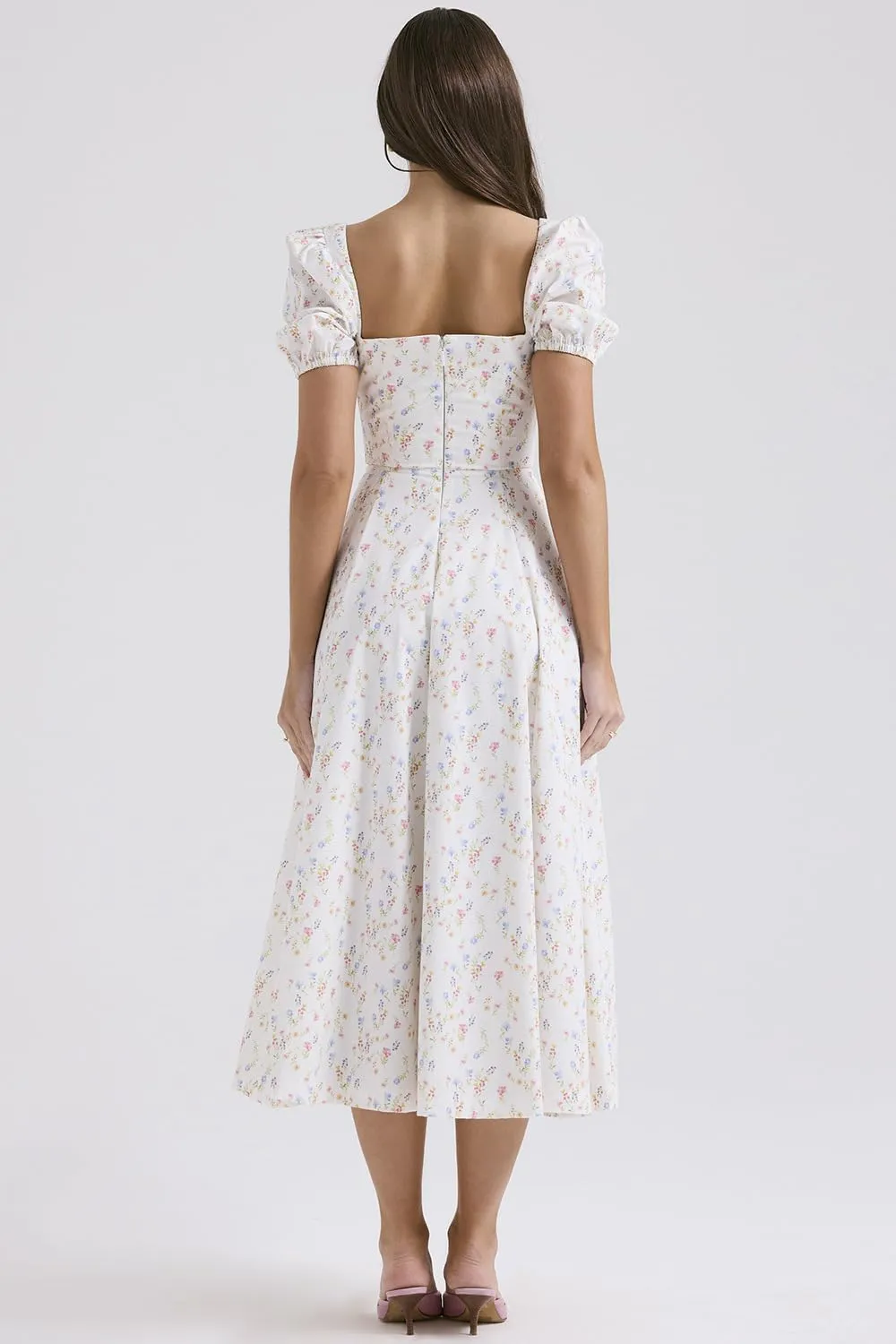 RanRui Women Summer Square Neck Midi Dress Corset Smocked Flowy A Line Beach Wedding Guest Dresses