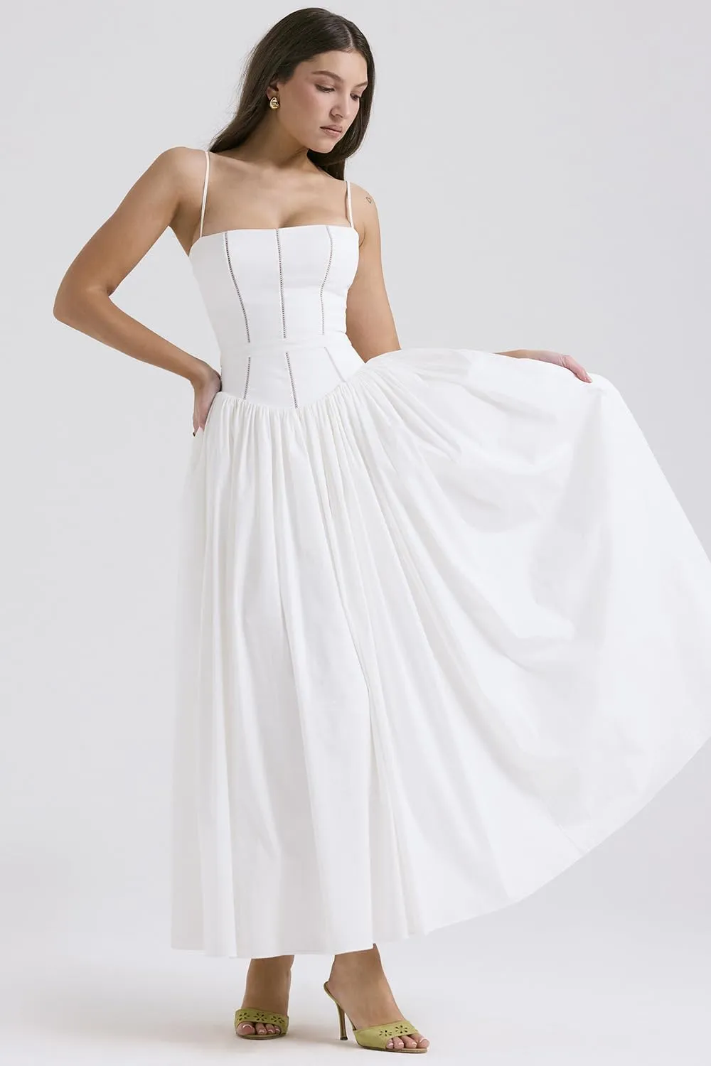 RanRui Women Summer Square Neck Midi Dress Corset Smocked Flowy A Line Beach Wedding Guest Dresses