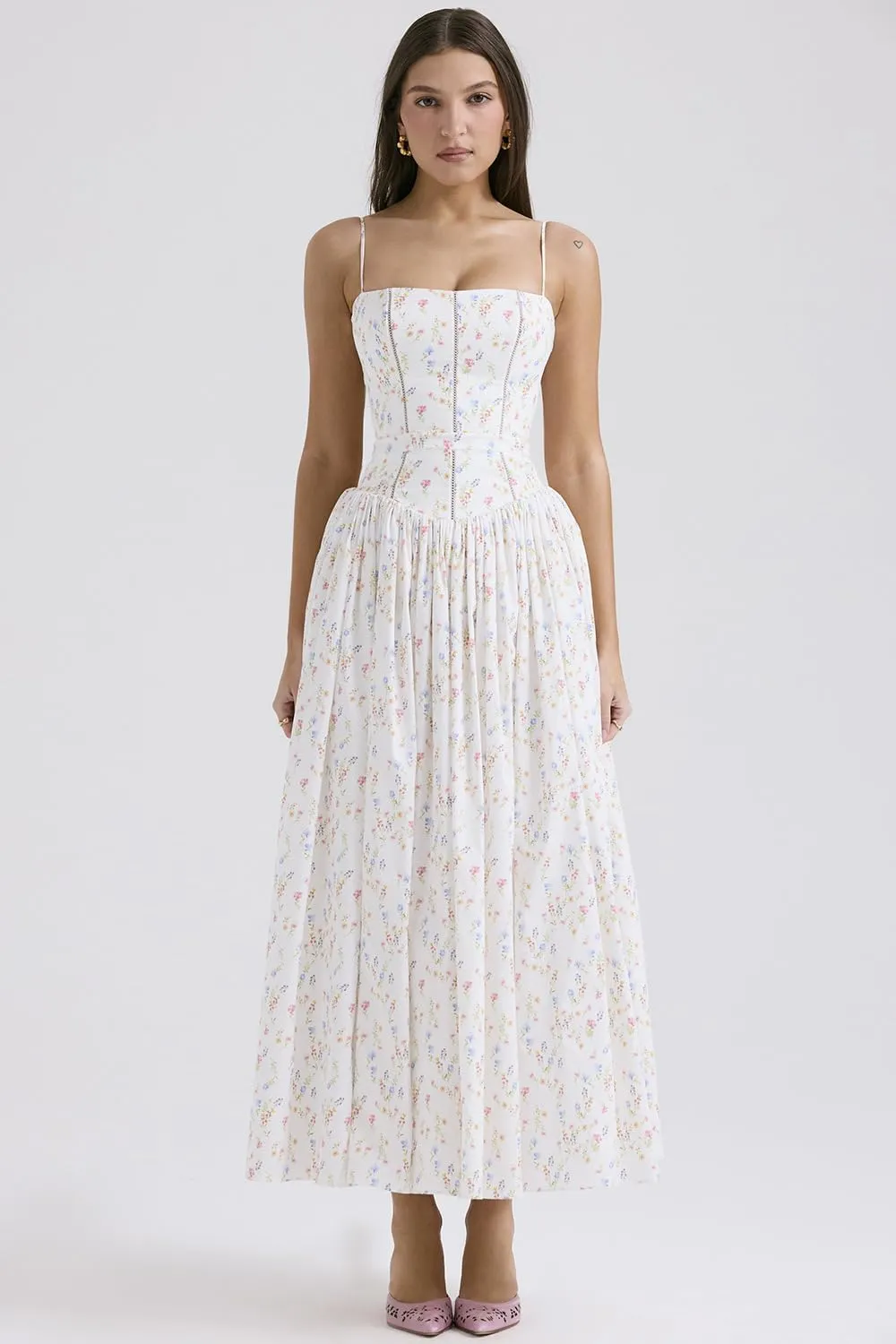 RanRui Women Summer Square Neck Midi Dress Corset Smocked Flowy A Line Beach Wedding Guest Dresses