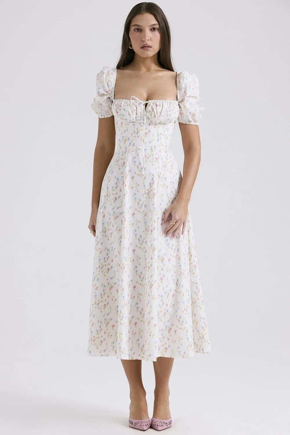 RanRui Women Summer Square Neck Midi Dress Corset Smocked Flowy A Line Beach Wedding Guest Dresses