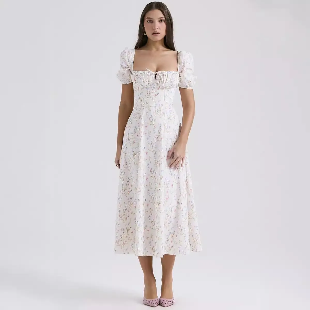 RanRui Women Summer Square Neck Midi Dress Corset Smocked Flowy A Line Beach Wedding Guest Dresses