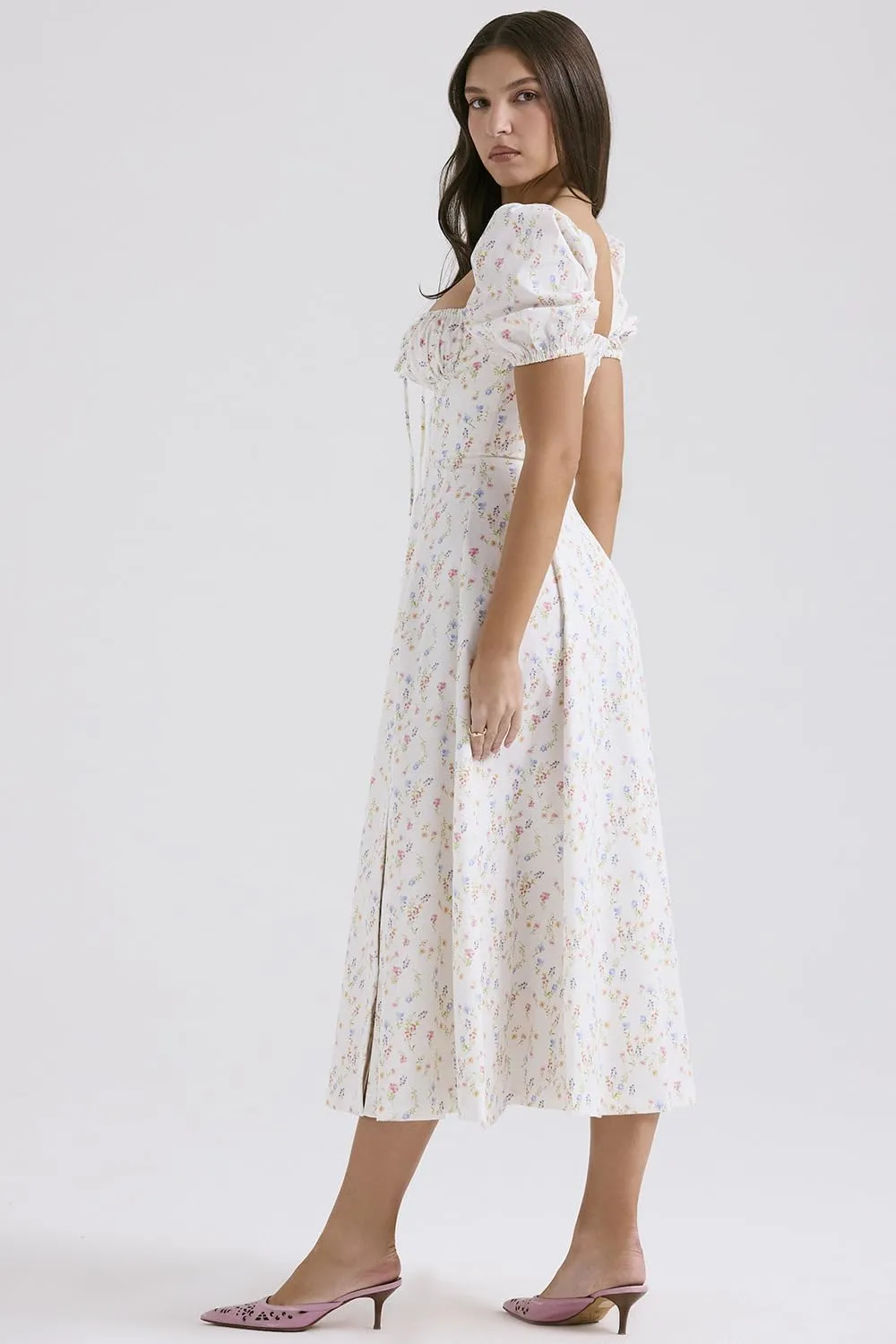 RanRui Women Summer Square Neck Midi Dress Corset Smocked Flowy A Line Beach Wedding Guest Dresses