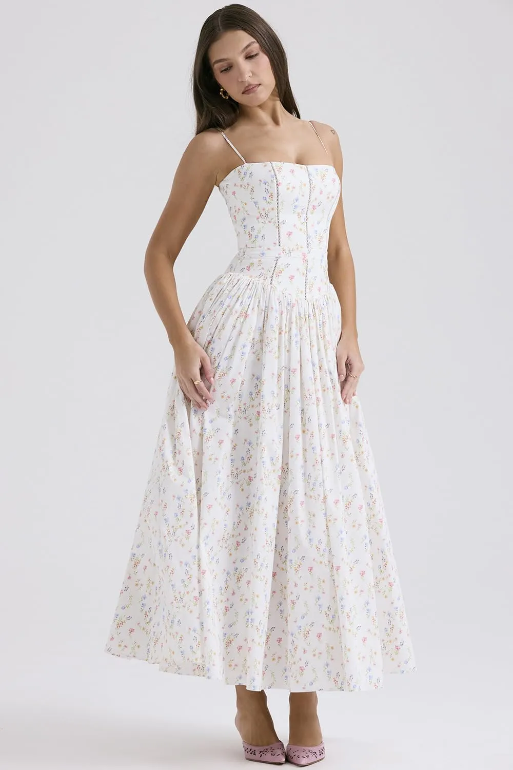 RanRui Women Summer Square Neck Midi Dress Corset Smocked Flowy A Line Beach Wedding Guest Dresses