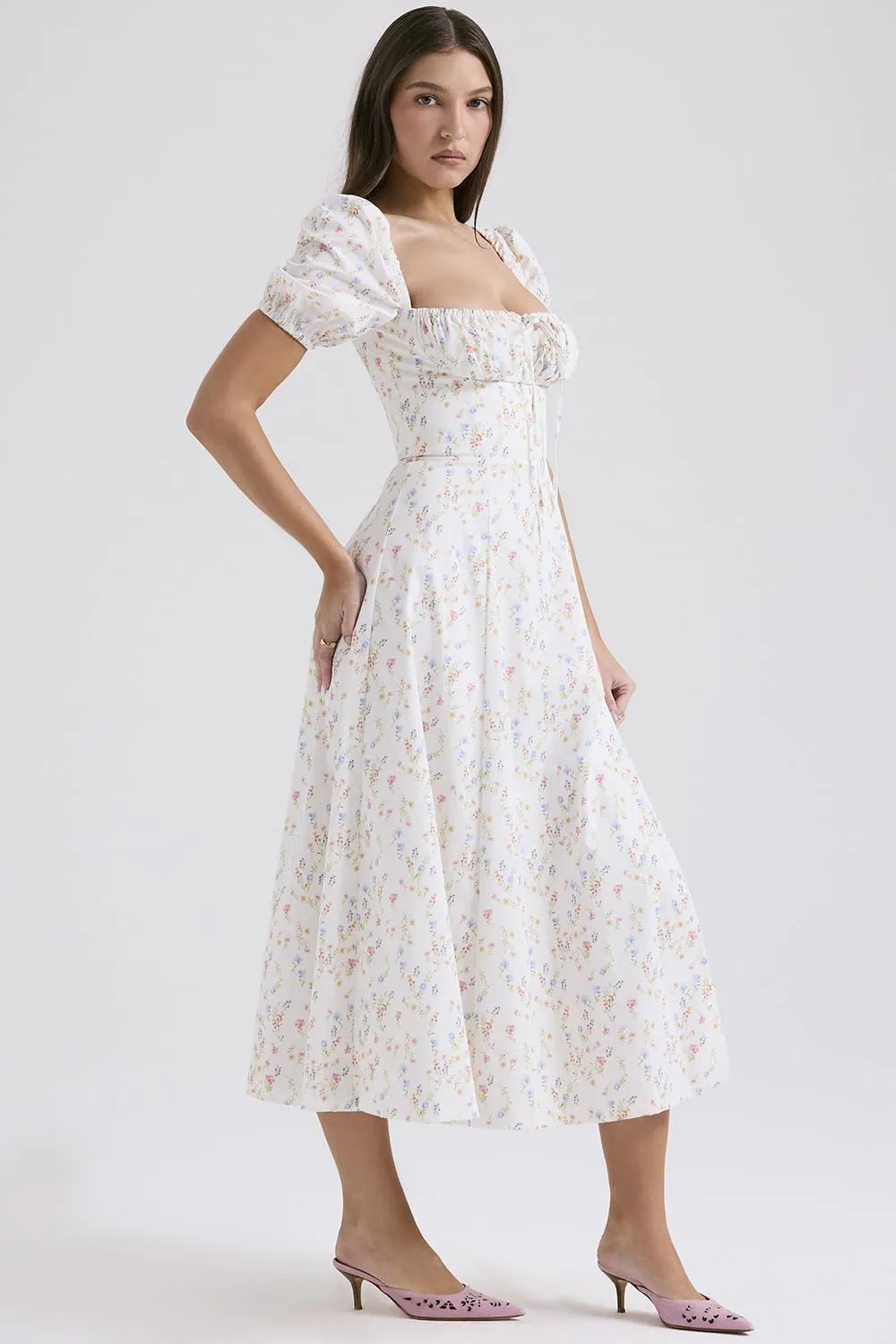 RanRui Women Summer Square Neck Midi Dress Corset Smocked Flowy A Line Beach Wedding Guest Dresses