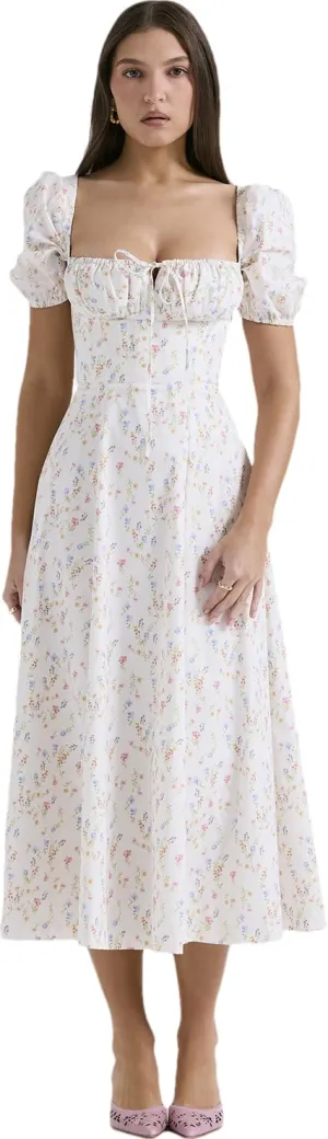 RanRui Women Summer Square Neck Midi Dress Corset Smocked Flowy A Line Beach Wedding Guest Dresses