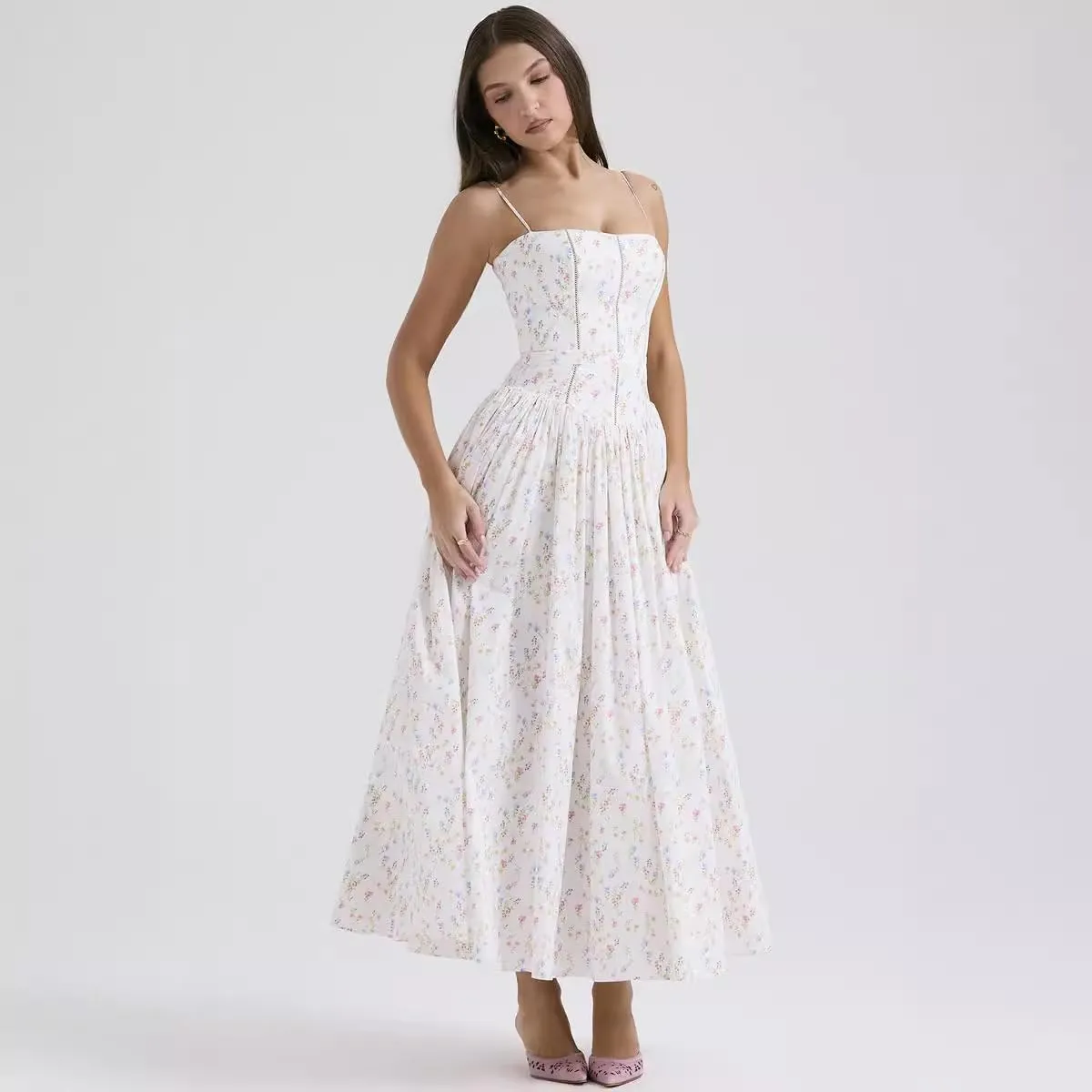 RanRui Women Summer Square Neck Midi Dress Corset Smocked Flowy A Line Beach Wedding Guest Dresses