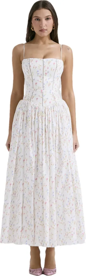 RanRui Women Summer Square Neck Midi Dress Corset Smocked Flowy A Line Beach Wedding Guest Dresses
