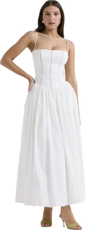 RanRui Women Summer Square Neck Midi Dress Corset Smocked Flowy A Line Beach Wedding Guest Dresses