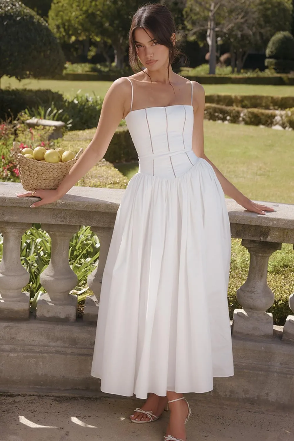 RanRui Women Summer Square Neck Midi Dress Corset Smocked Flowy A Line Beach Wedding Guest Dresses