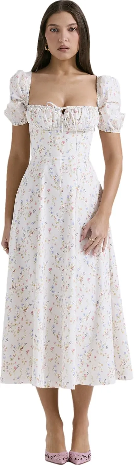 RanRui Women Summer Square Neck Midi Dress Corset Smocked Flowy A Line Beach Wedding Guest Dresses